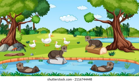 River in the forest with otters and ducks illustration