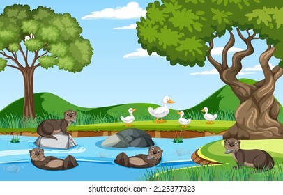 River in the forest with otters and ducks illustration