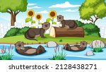 River in the forest with otters illustration