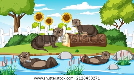 River in the forest with otters illustration
