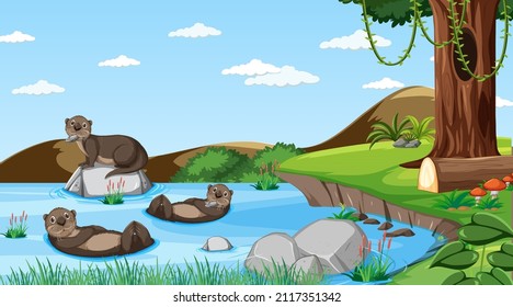 River in the forest with otters in the water illustration