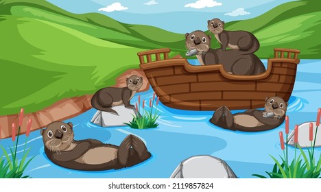 River in the forest scene with beavers on a wooden boat illustration