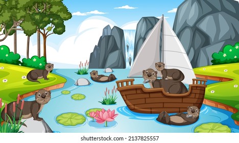 River in the forest scene with beavers on a sailboat illustration