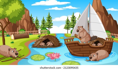 River forest scene with otters and sailboat illustration