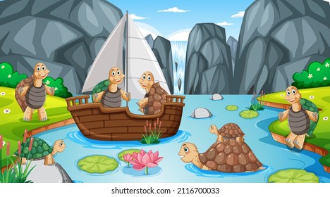 River in the forest scene with tortoises on a sailboat illustration