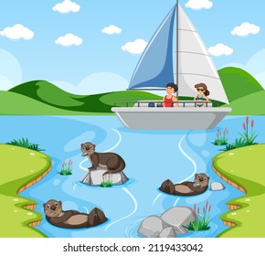 River forest scene with traveller on a sailboat illustration