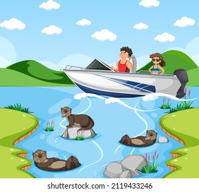 River forest scene with traveller on a speed boat illustration