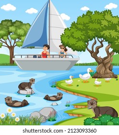 River forest scene with traveller on a sailboat illustration