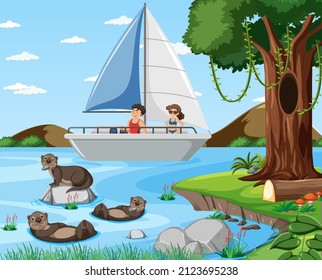 River forest scene with traveller on a sailboat illustration