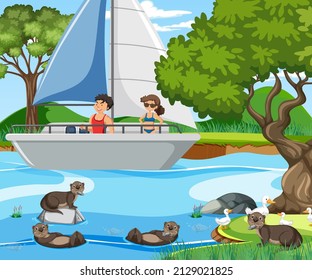 River forest scene with traveller on a sailboat illustration