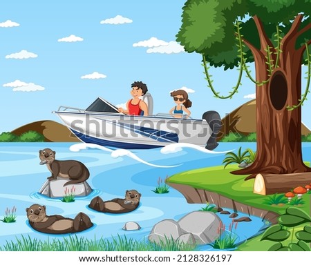 River forest scene with traveller on a speed boat illustration