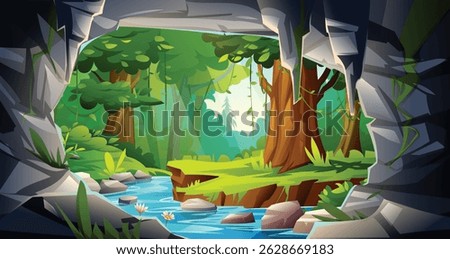 River forest scene viewed from cave with rocks and trees. Vector cartoon illustration