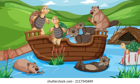 River in the forest scene with wild animals on a wooden boat illustration