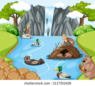 River in the forest scene with wild animals illustration