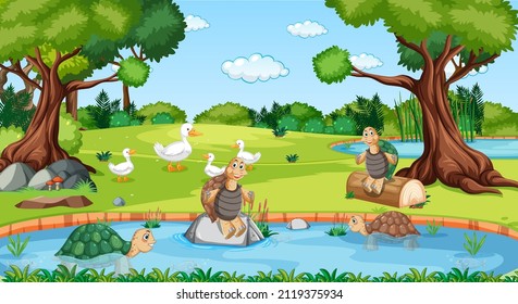 Río en la escena forestal con ilustración de animales salvajes