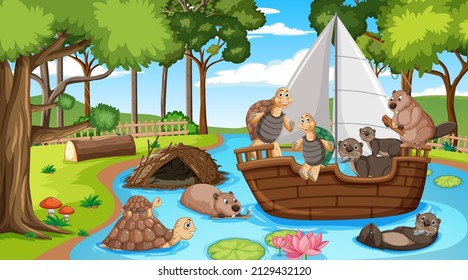 River in the forest scene with wild animals on a wooden boat illustration