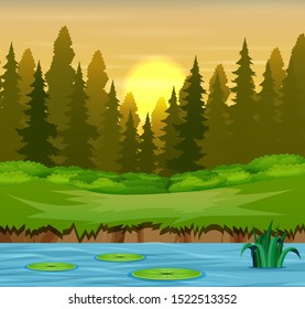 River in the forest and silhouettes background