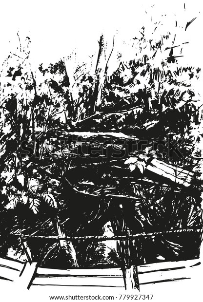 River in\
forest sketch art hand draw vector illustration. Nature drawing\
artwork on paper. Pencil art. Suspension bridge over a stream with\
fallen tree. Ð¡ountryside landscape print.\
