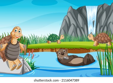 River in the forest with tortoises and an otter illustration
