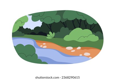 River in forest. Water stream among green plants, trees, shrubs, grass, stones. Woods landscape. Calm peaceful nature scenery in summer. Flat vector illustration isolated on white background