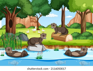 River in the forest with wild animals illustration
