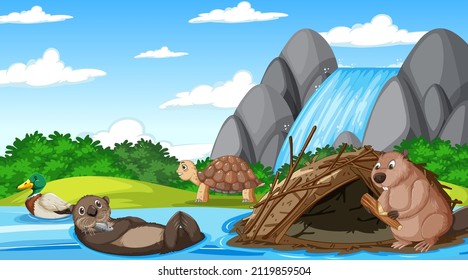 River in the forest with wild animals illustration