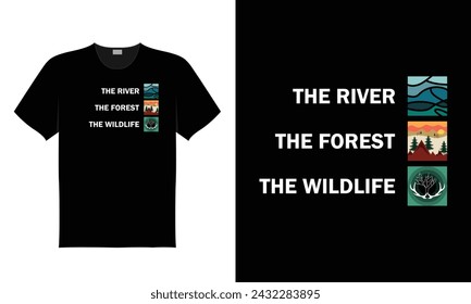 The river, the forest, the wildlife t-shirt vector illustration design, 