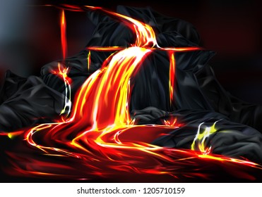 Río y fuentes de lava caliente fluyendo de rocas de montaña durante la erupción volcánica ilustración vectorial realista. Desastre natural peligroso o cataclismo causado por actividad tectónica o terremoto