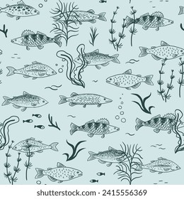 River freshwater fish vector seamless pattern.