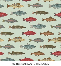 River freshwater fish vector seamless pattern.