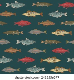 River freshwater fish vector seamless pattern.