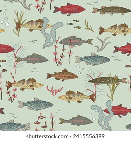 River freshwater fish vector seamless pattern.