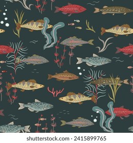 River freshwater fish vector seamless pattern.