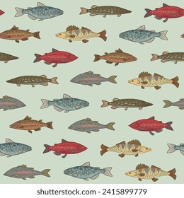 River freshwater fish vector seamless pattern.