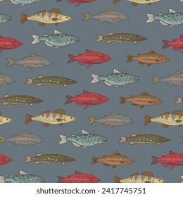 River freshwater fish vector seamless pattern.