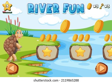 River fun game template with tortoise cartoon character illustration