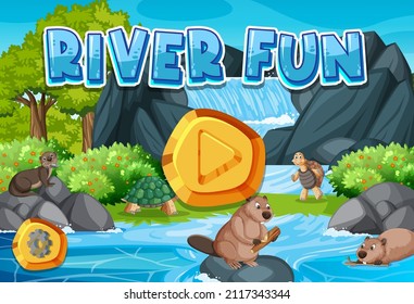 River fun game template with wild animals illustration