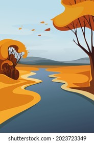 River going over horizon. Autumn landscape in vertical orientation.
