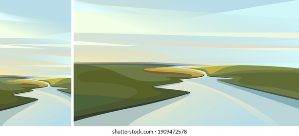 River going over horizon. Set of natural sceneries in vertical and horizontal orientation.