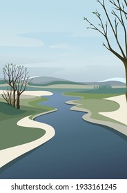River going over horizon. Spring landscape in vertical orientation.