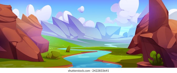 River with green grass and rock mountains on shore. Cartoon vector summer landscape with big stones, field and bushes on riverside of stream with blue water under sunny sky with fluffy clouds.