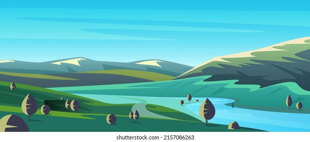 River green landscape with mountains and hill, country road and silhouettes of trees vector illustration. Cartoon rural simple scene for wallpaper, valley panorama of hilly region background