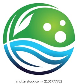 Río y logo verde Hojas en forma de hoja, dos hojas curvadas formando un círculo. debajo está el agua azul encima de un cielo verde