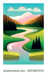 River in the green valley, forest and mountains. Flat style vector landscape, minimalist illustration. 