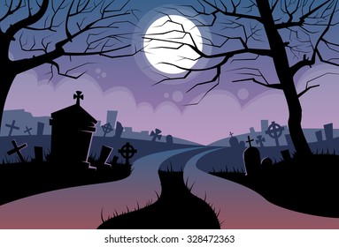 River Halloween Moon Cemetery Banner Graveyard Card Flat Vector Illustration