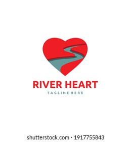 River With Heart Logo Concept, Love Water Vector Logo Design