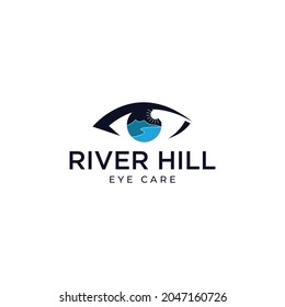 river hill eye care logo,  hill and water reflection on eye vector