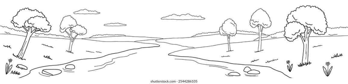 River hill graphic black white landscape sketch long illustration vector 