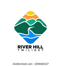 River and hill logo. the river flows under the hill at sunset. vector illustration of river, hills and sunset