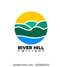 Logo del río y la colina. el río fluye bajo la colina al atardecer. ilustración vectorial de río, colinas y puesta de sol